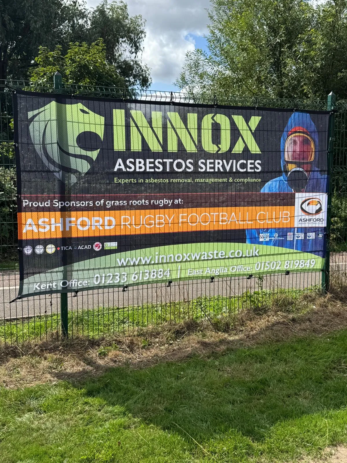 INNOX pitch-side banner at Ashford Rugby Football Club &ndash; proud sponsors of grass roots rugby